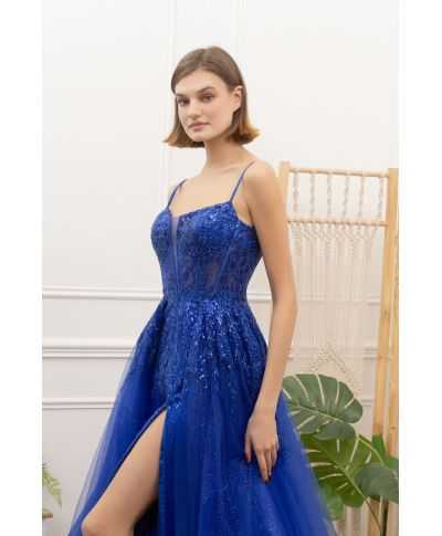 Abito da cerimonia blu cobalto con spacco - Desire - Abiti da cerimonia online - Gogolfun.it