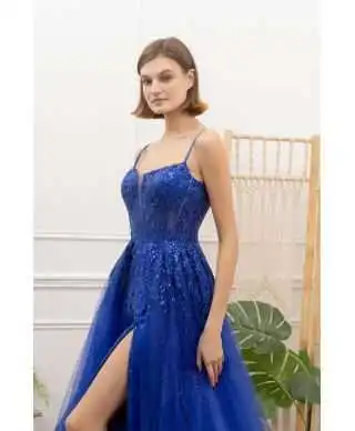 Abito da cerimonia blu cobalto con spacco - Desire - Abiti da cerimonia online - Gogolfun.it