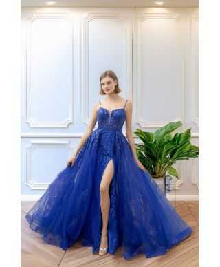 Abito da cerimonia blu cobalto con spacco - Desire - Abiti da cerimonia online - Gogolfun.it