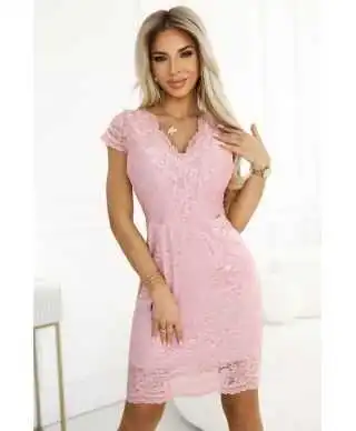 Tubino in pizzo con mezza manichetta - Rosa cipria - Vestiti corti, eleganti, tubini - Gogolfun.it
