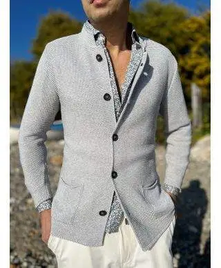 Cardigan uomo grigio perla con collo coreano - Kim