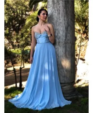 Abito donna celeste - Scollo a cuore - Collezione abiti da cerimonia