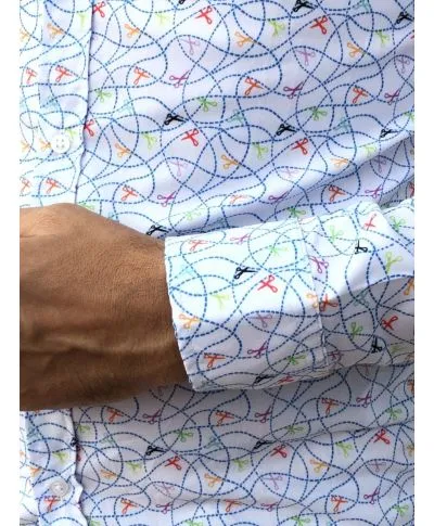 Camicia floreale uomo - Slim - Bianca con stampa forbici