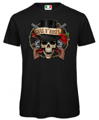 T-shirt - Nera - Stampa Gun's and Roses - Mezze maniche