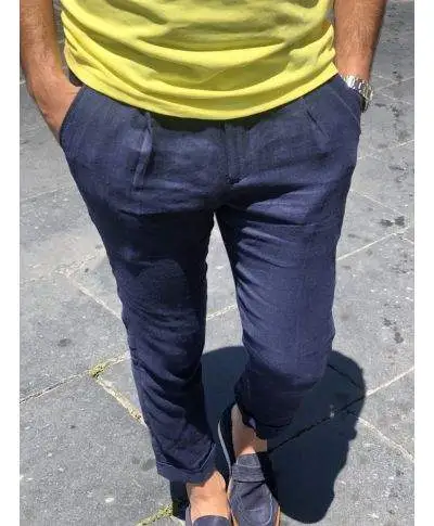 Paul Miranda - Pantaloni blu, lino - Slim
