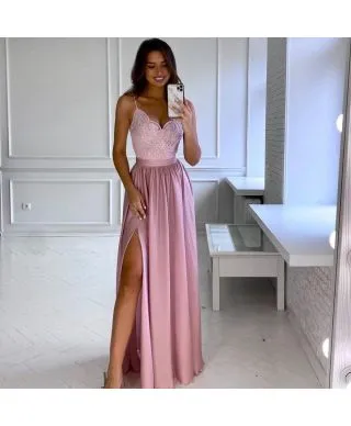 Vestito rosa cipria - Lungo - Elegante - Con spacco
