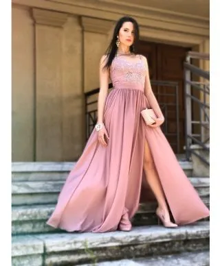 Vestito rosa cipria - Lungo - Elegante - Con spacco