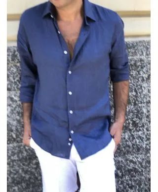 Camicia di lino blu uomo - Camicie collo classico - Slim