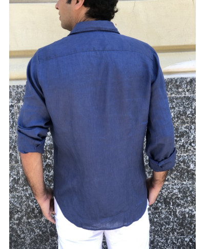 Camicia di lino blu uomo - Camicie collo classico - Slim