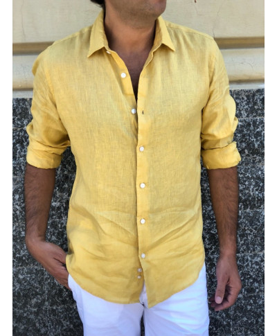 Camicia di lino gialla uomo - Camicie collo classico - Slim