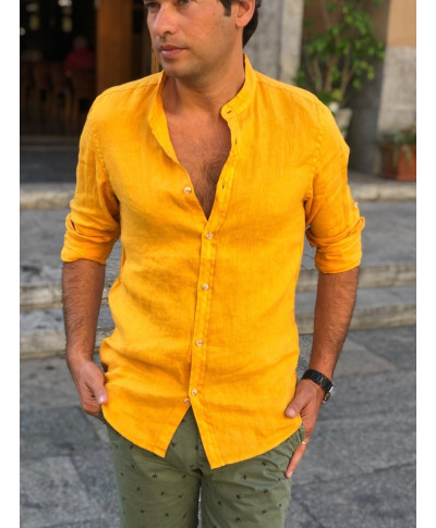 Camicia di lino gialla uomo - collo coreano