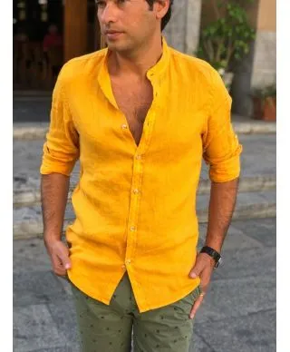 Camicia di lino gialla uomo - collo coreano