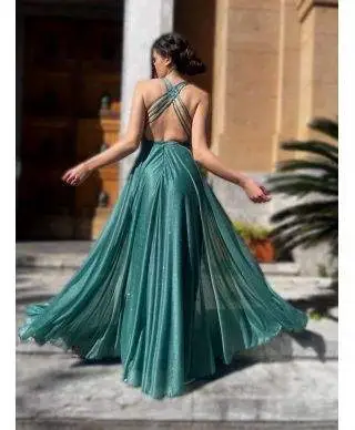 Vestito elegante lungo, verde - Schiena scoperta - Star
