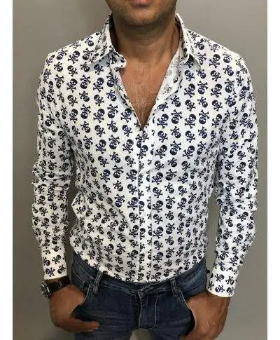 Camicia uomo, fantasia teschio - Camicia bianca a fantasia, manica lunga