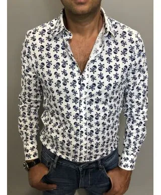 Camicia uomo, fantasia teschio - Camicia bianca a fantasia, manica lunga