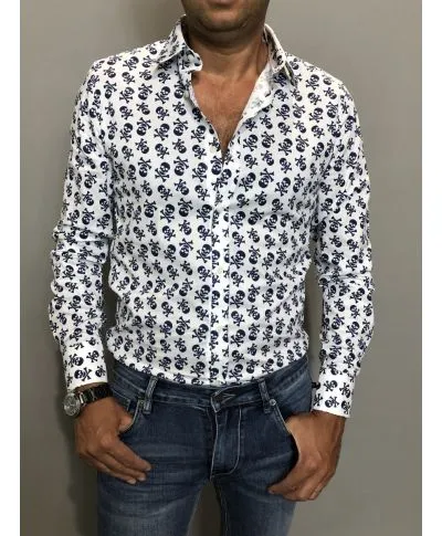 Camicia uomo, fantasia teschio - Camicia bianca a fantasia, manica lunga