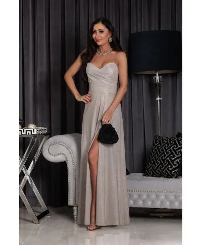 Abito lungo, elegante - colore beige - spacco – senza spalline