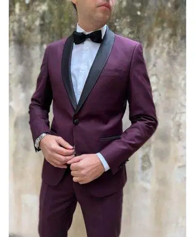 Smoking uomo, Bordeaux, con reverse neri - Abito uomo elegante