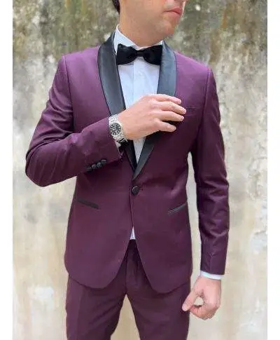 Smoking uomo, Bordeaux, con reverse neri - Abito uomo elegante