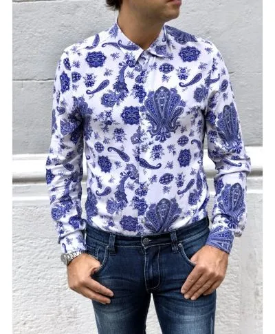 Camicia uomo fantasia, base bianca coi fiori - Collo classico