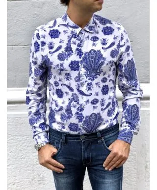 Camicia uomo fantasia, base bianca coi fiori - Collo classico