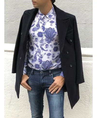 Camicia uomo fantasia, base bianca coi fiori - Collo classico