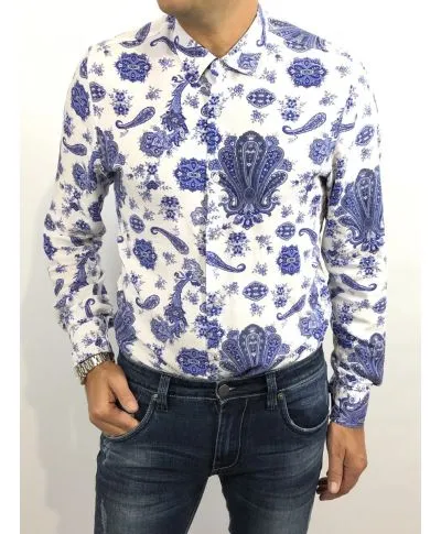 Camicia uomo fantasia, base bianca coi fiori - Collo classico