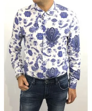 Camicia uomo fantasia, base bianca coi fiori - Collo classico
