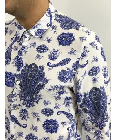 Camicia uomo fantasia, base bianca coi fiori - Collo classico