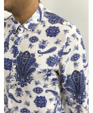 Camicia uomo fantasia, base bianca coi fiori - Collo classico