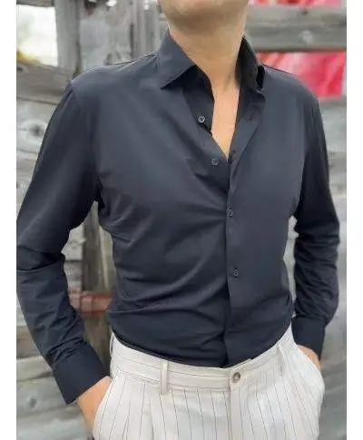 Camicia Kej Jey nero in Tessuto Tecnico No Stiro – Collo Francese
