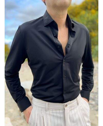 Camicia Kej Jey nero in Tessuto Tecnico No Stiro – Collo Francese