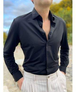 Camicia Kej Jey nero in Tessuto Tecnico No Stiro – Collo Francese