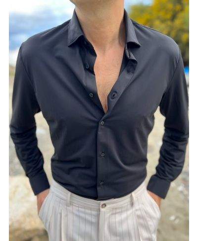 Camicia Kej Jey nero in Tessuto Tecnico No Stiro – Collo Francese