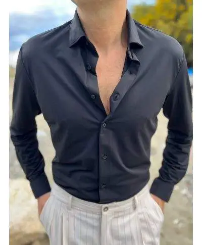 Camicia Kej Jey nero in Tessuto Tecnico No Stiro – Collo Francese