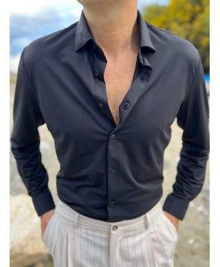 Camicia Kej Jey nero in Tessuto Tecnico No Stiro – Collo Francese