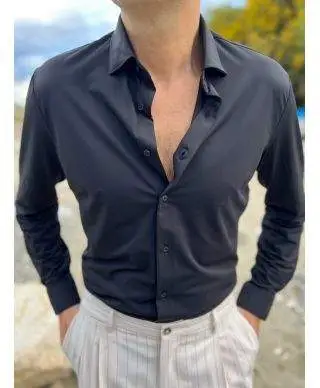Camicia Kej Jey nero in Tessuto Tecnico No Stiro – Collo Francese