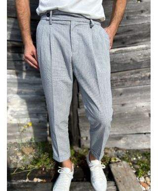 Pantalone uomo cropped pied de poule grigio-blu – Paul Miranda