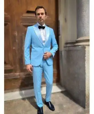 Abito uomo azzurro da cerimonia slim fit con rever in raso - gogolfun.it