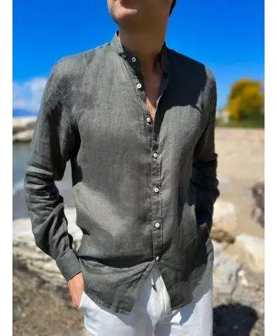 Camicia uomo lino verde colletto coreano kej jey - ken