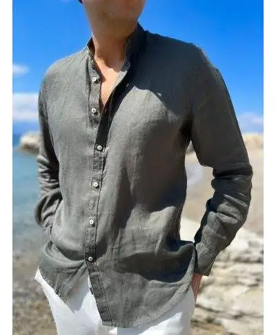 Camicia uomo lino verde colletto coreano kej jey - ken