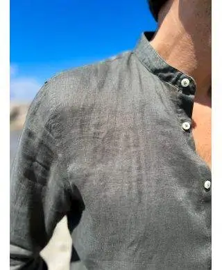 Camicia uomo lino verde colletto coreano kej jey - ken
