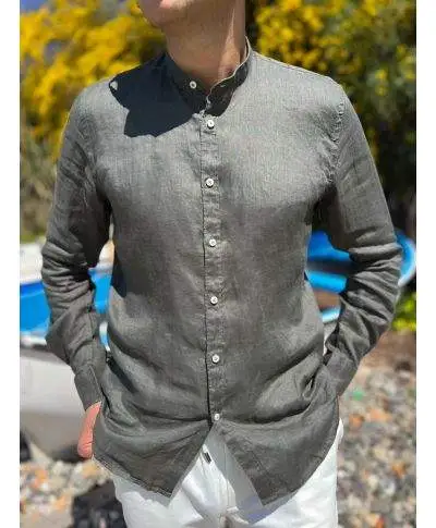 Camicia uomo lino verde colletto coreano kej jey - ken