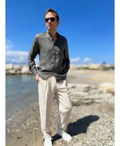 Camicia uomo lino verde colletto coreano kej jey - ken
