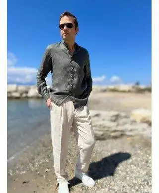 Camicia uomo lino verde colletto coreano kej jey - ken