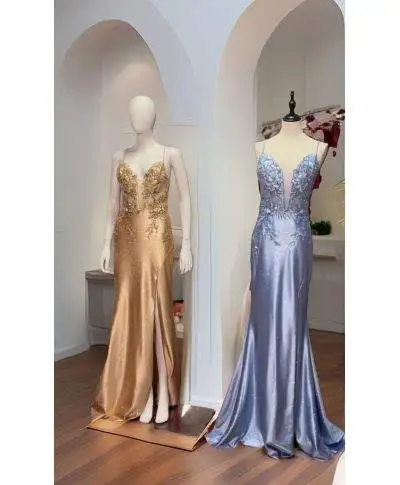 Vestito a sirena azzurro con lo spacco - Serena