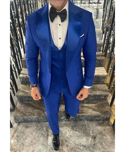 Smoking uomo Blu Elettrico, Modello Battista - con gilet Rever nero