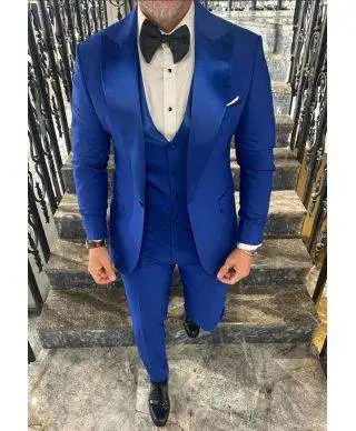 Smoking uomo Blu Elettrico, Modello Battista - con gilet Rever nero