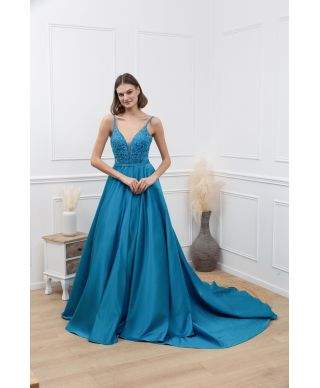 Vestito lungo elegante corpetto in pizzo e paillettes - Turchese - Vestiti da cerimonia online - Gogolfun.it
