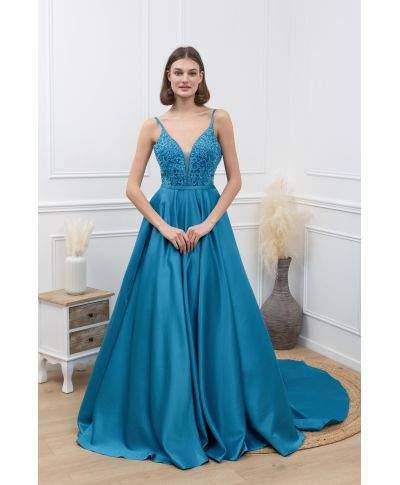 Vestito lungo elegante corpetto in pizzo e paillettes - Turchese - Vestiti da cerimonia online - Gogolfun.it